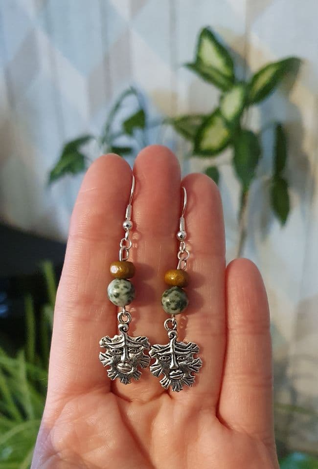 Green Spot Jasper Green Man Earrings