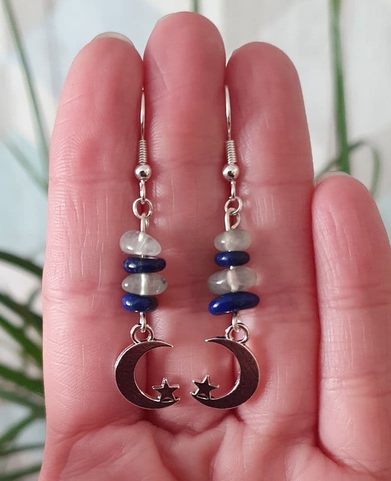 Lapis Lazuli & Prehnite Crescent Moon Earrings